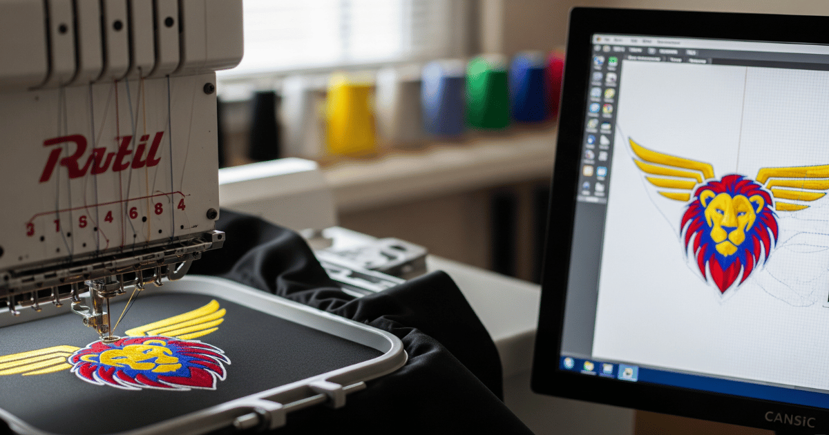 Close up of an embroidery machine stitching a logo with a digitizing preview shown on a nearby screen.