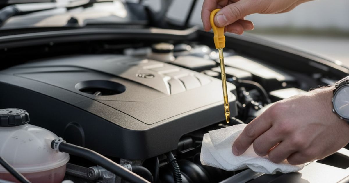 Driver checking car engine oil level with dipstick during routine maintenance