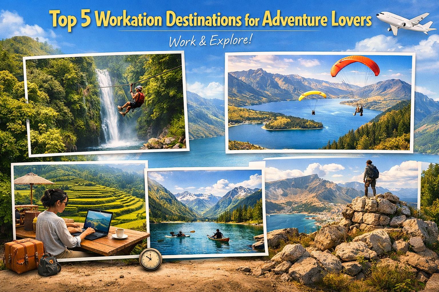 Top 5 workation destinations for adventure lovers showing remote work in nature, paragliding over mountains, waterfall adventure, and scenic travel landscapes.
